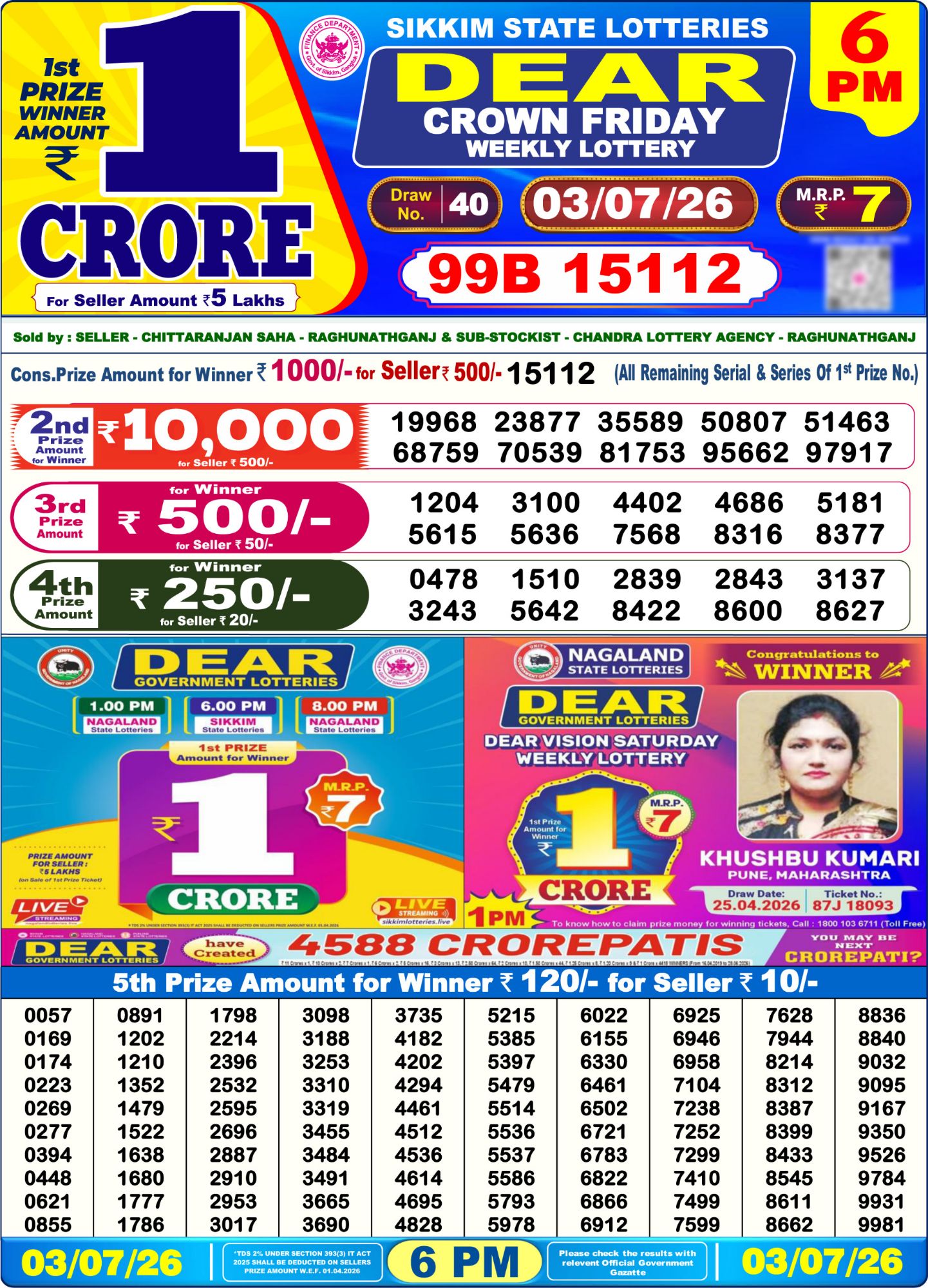 Dear Lottery Sambad Result 6 PM 03 July 2026: Download West Bengal Sambad Result