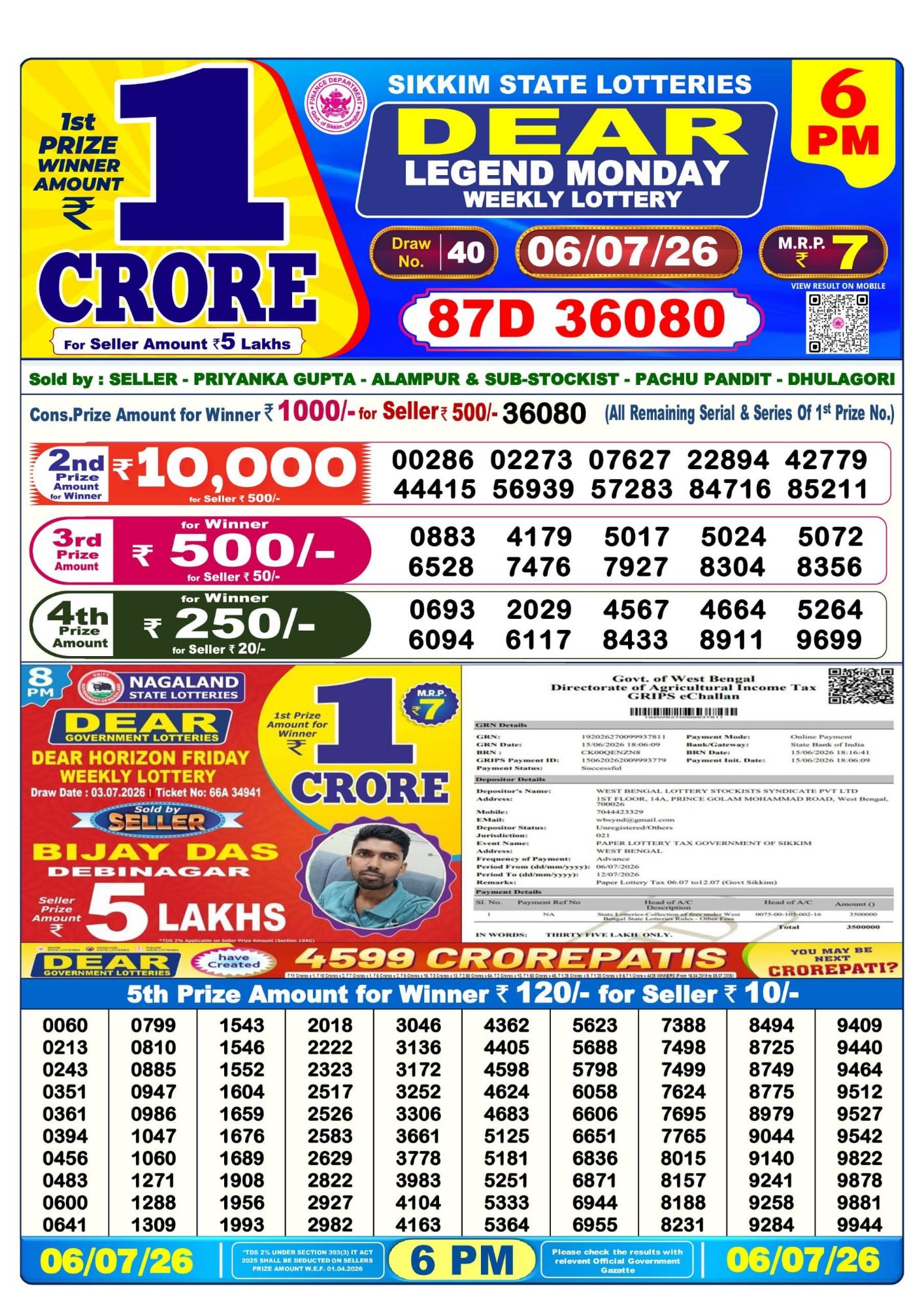 Dear Lottery Sambad Result 6 PM 06 July 2026: Download West Bengal Sambad Result