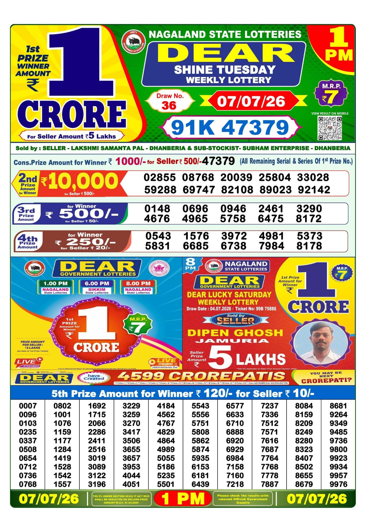 Lottery Sambad 1 PM Result Today 07.07.2026: Check Dear Morning Live Winner List PDF