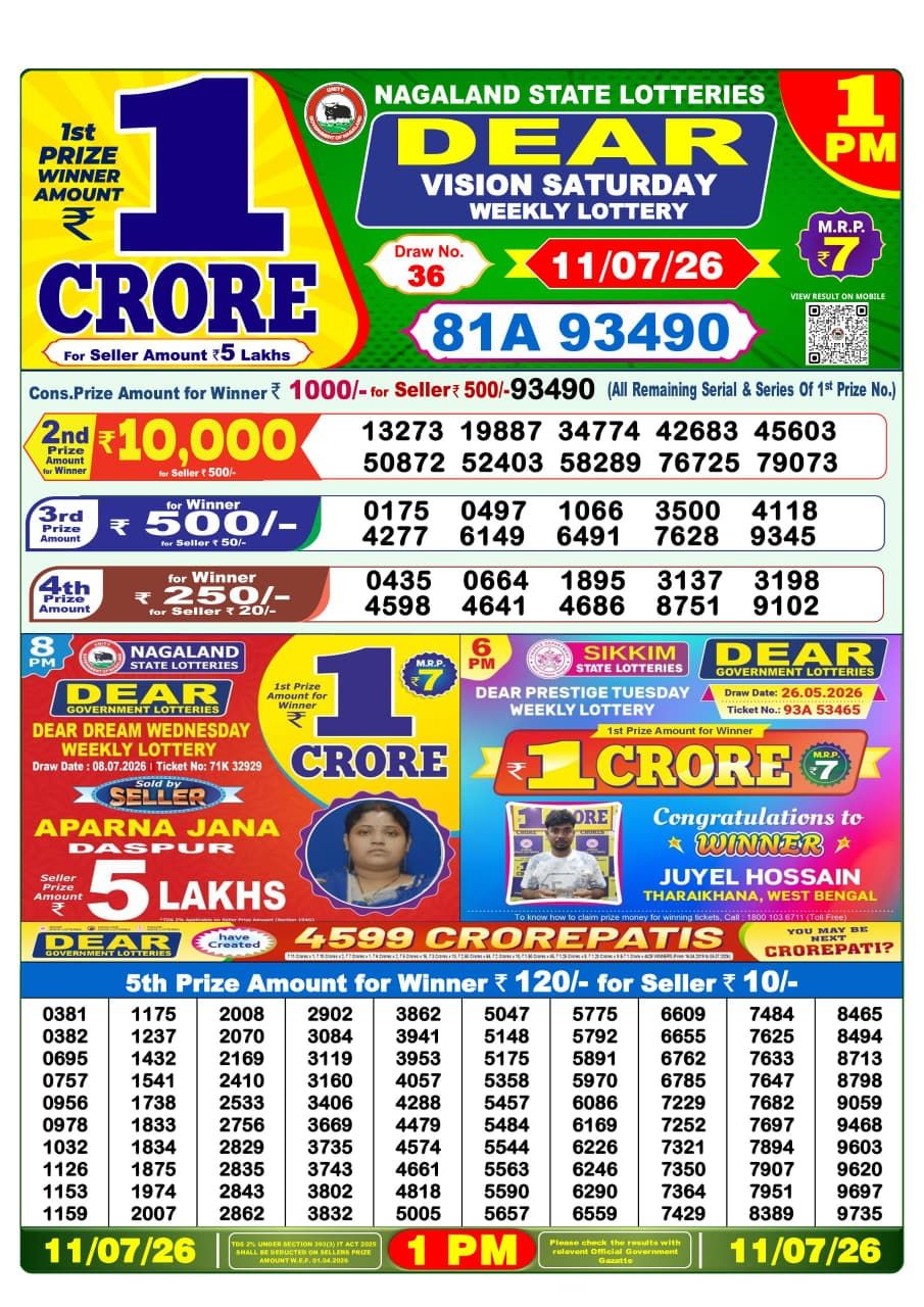 Lottery Sambad 1 PM Result Today 11.07.2026: Check Dear Morning Live Winner List PDF