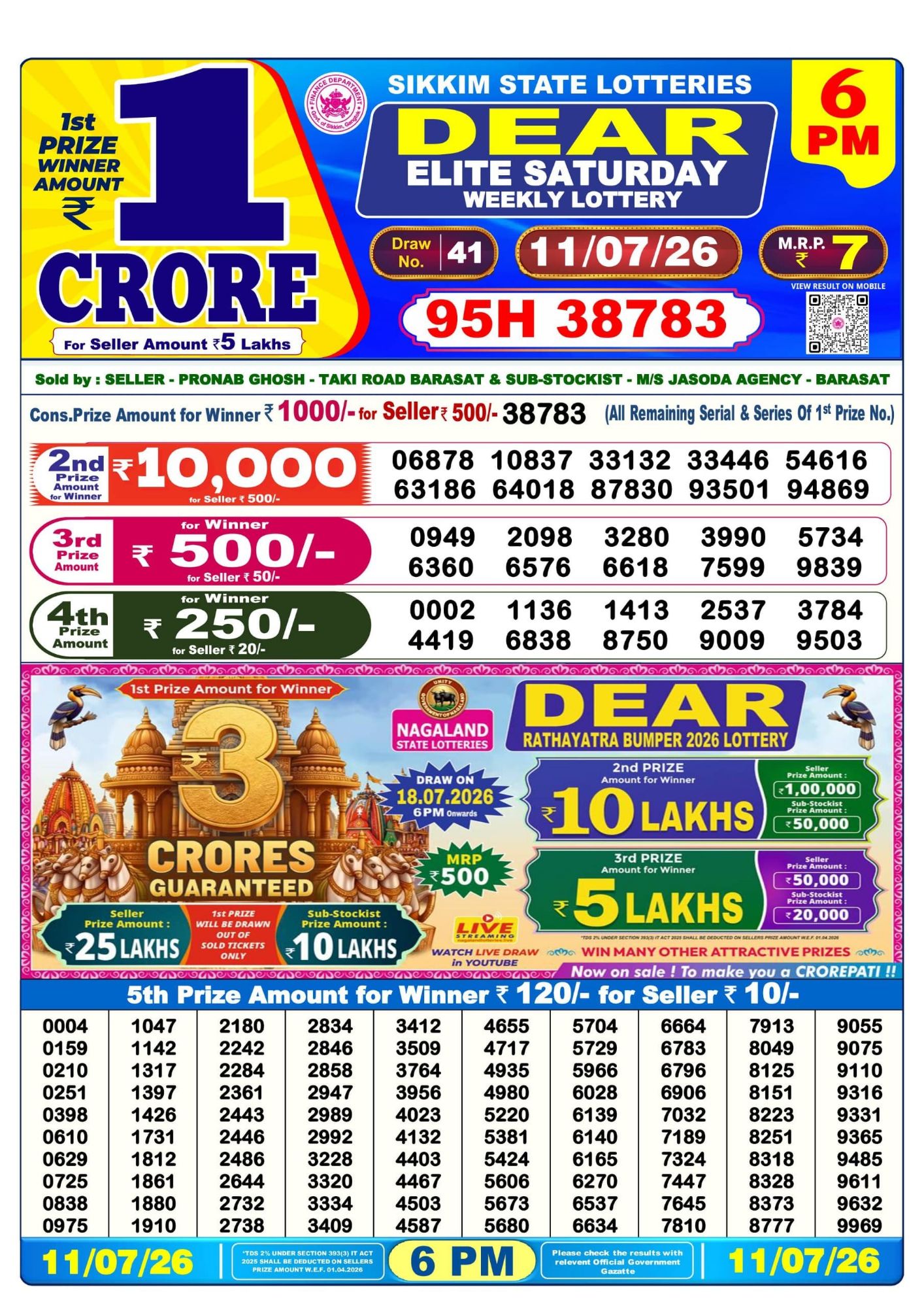 Dear Lottery Sambad Result 6 PM 11 July 2026: Download West Bengal Sambad Result