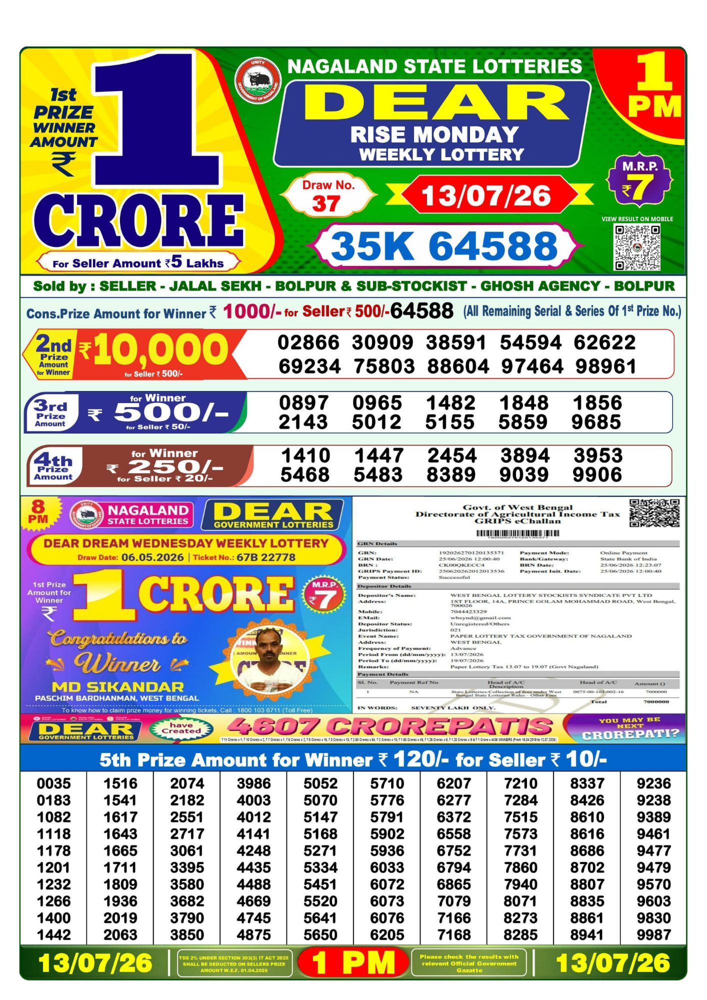 Lottery Sambad 1 PM Result Today 13.07.2026: Check Dear Morning Live Winner List PDF