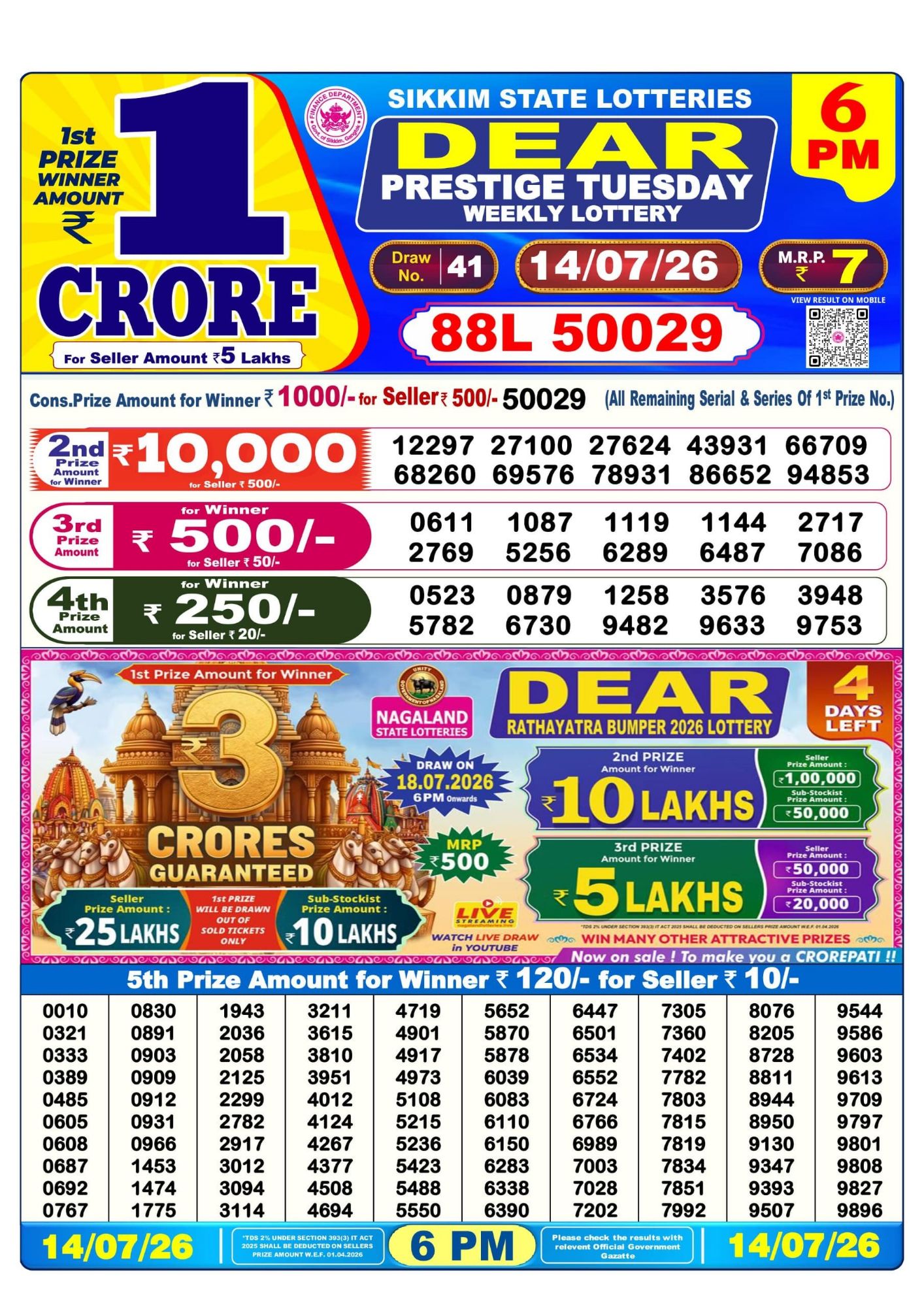 Dear Lottery Sambad Result 6 PM 14 July 2026: Download West Bengal Sambad Result