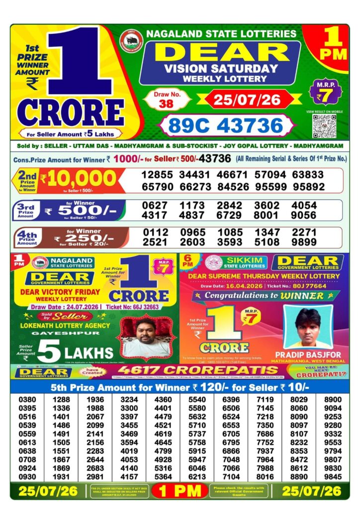 Lottery Sambad 1 PM Result Today 25.07.2026: Check Dear Morning Live Winner List PDF