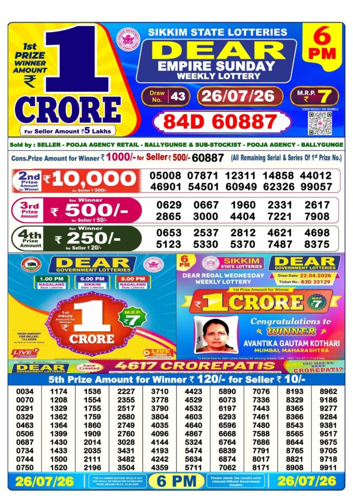 Dear Lottery Sambad Result 6 PM 26 July 2026: Download West Bengal Sambad Result