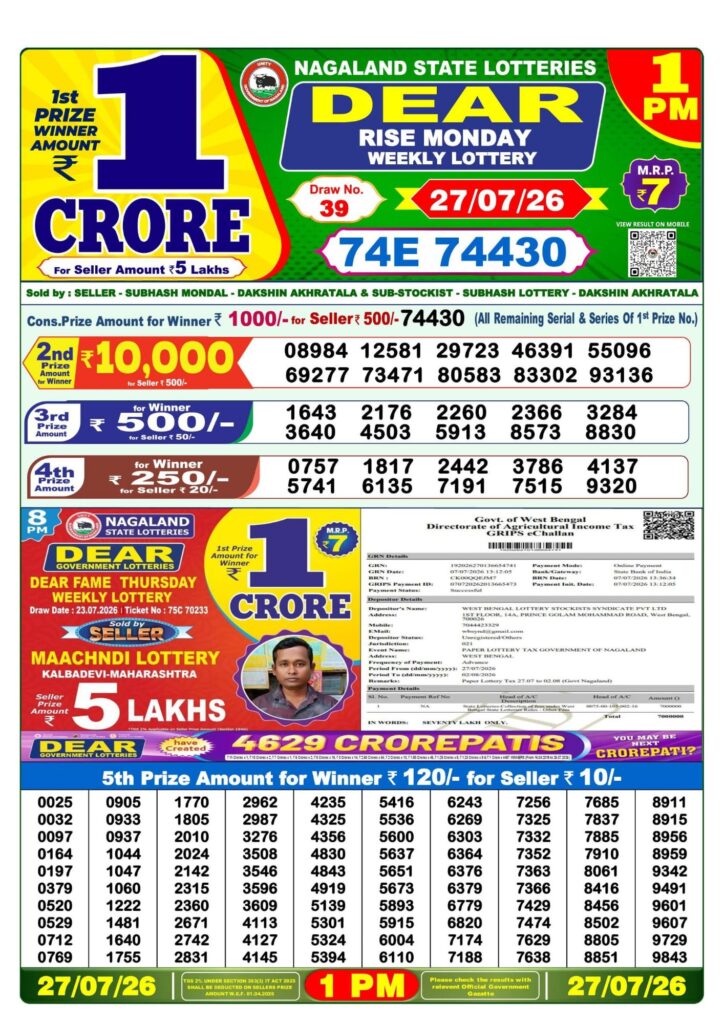 Lottery Sambad 1 PM Result Today 27.07.2026: Check Dear Morning Live Winner List PDF
