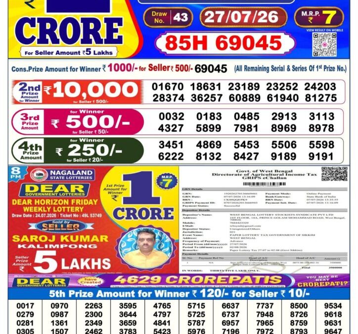 Dear Lottery Sambad Result 6 PM 27 July 2026: Download West Bengal Sambad Result