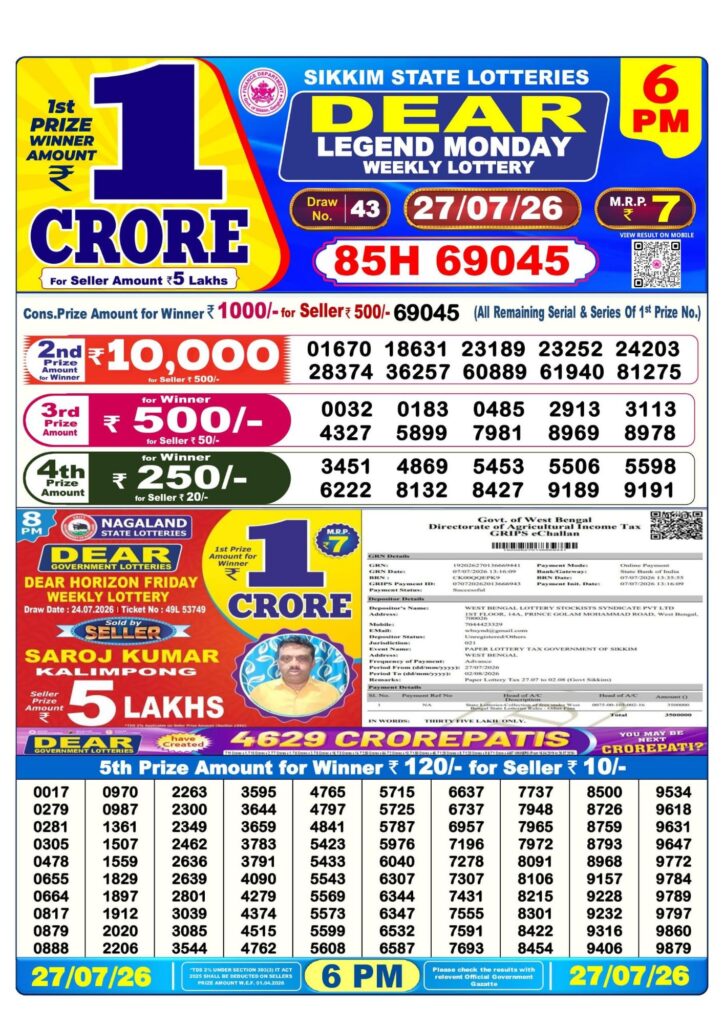 Dear Lottery Sambad Result 6 PM 27 July 2026: Download West Bengal Sambad Result