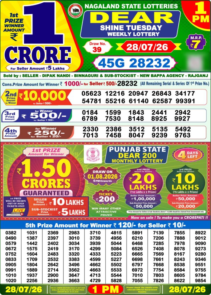 Lottery Sambad 1 PM Result Today 28.07.2026: Check Dear Morning Live Winner List PDF