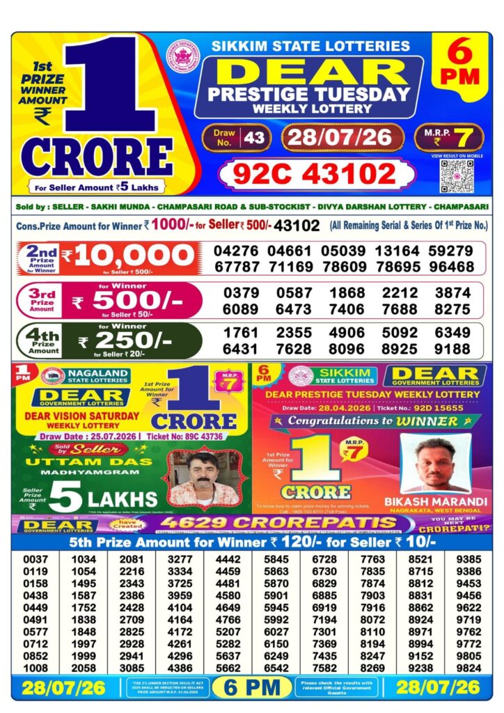 Dear Lottery Sambad Result 6 PM 28 July 2026: Download West Bengal Sambad Result