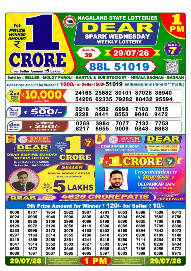 Lottery Sambad 1 PM Result Today 29.07.2026: Check Dear Morning Live Winner List PDF