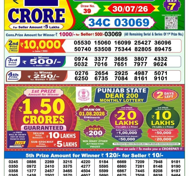 Lottery Sambad 1 PM Result Today 30.07.2026: Check Dear Morning Live Winner List PDF