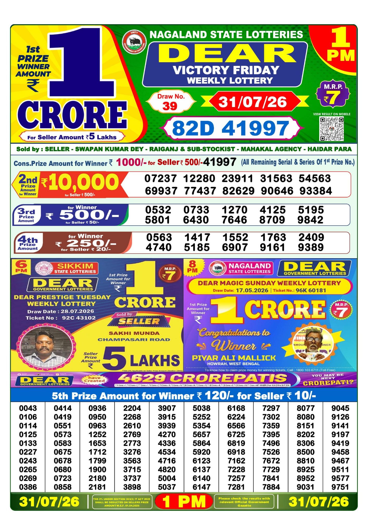 Lottery Sambad 1 PM Result Today 31.07.2026: Check Dear Morning Live Winner List PDF