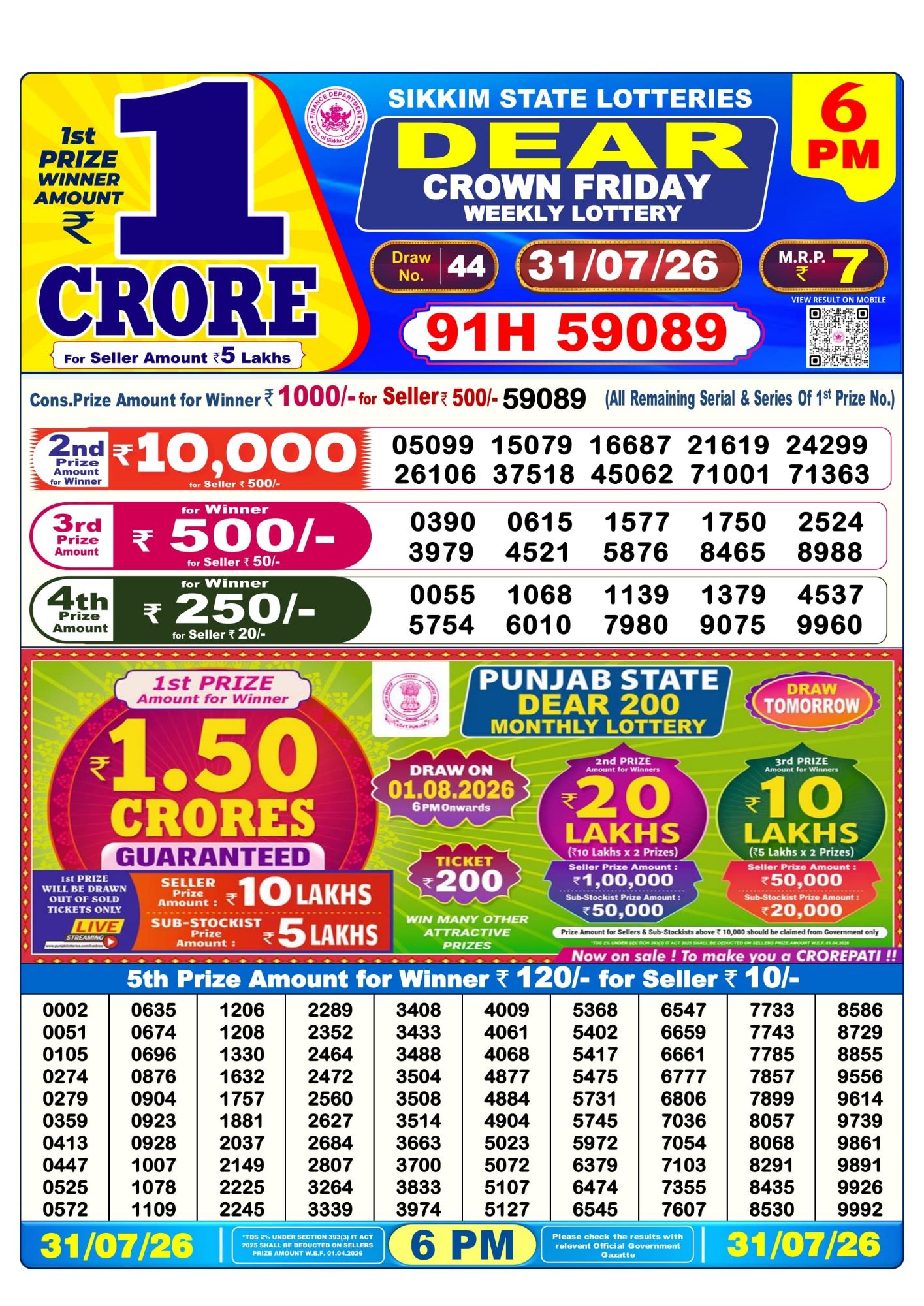 Dear Lottery Sambad Result 6 PM 31 July 2026: Download West Bengal Sambad Result