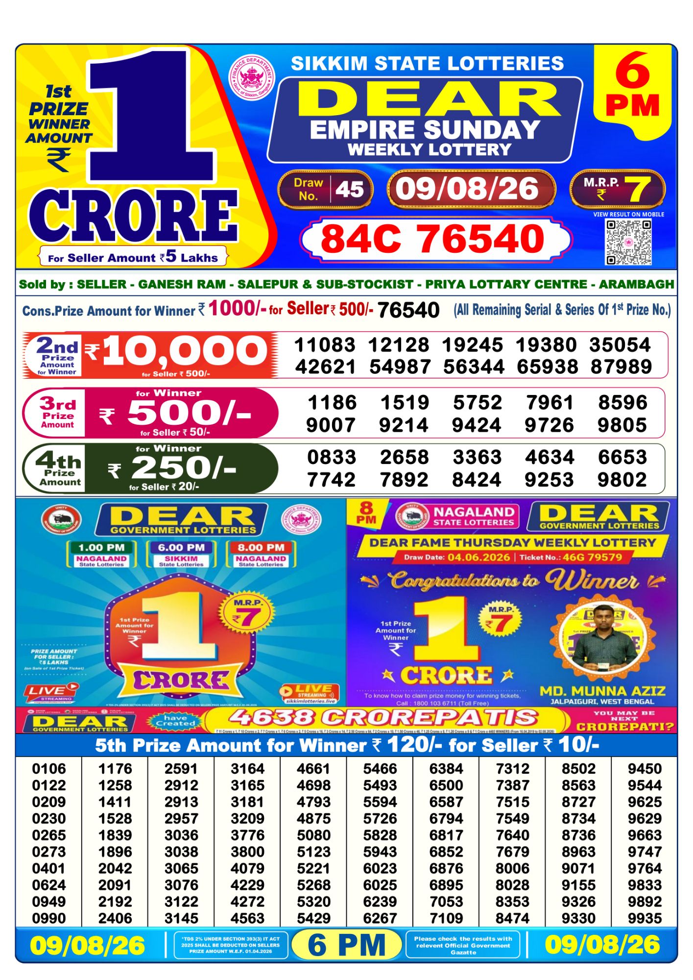 Dear Lottery Sambad Result 6 PM 09 August 2026: Download West Bengal Sambad Result