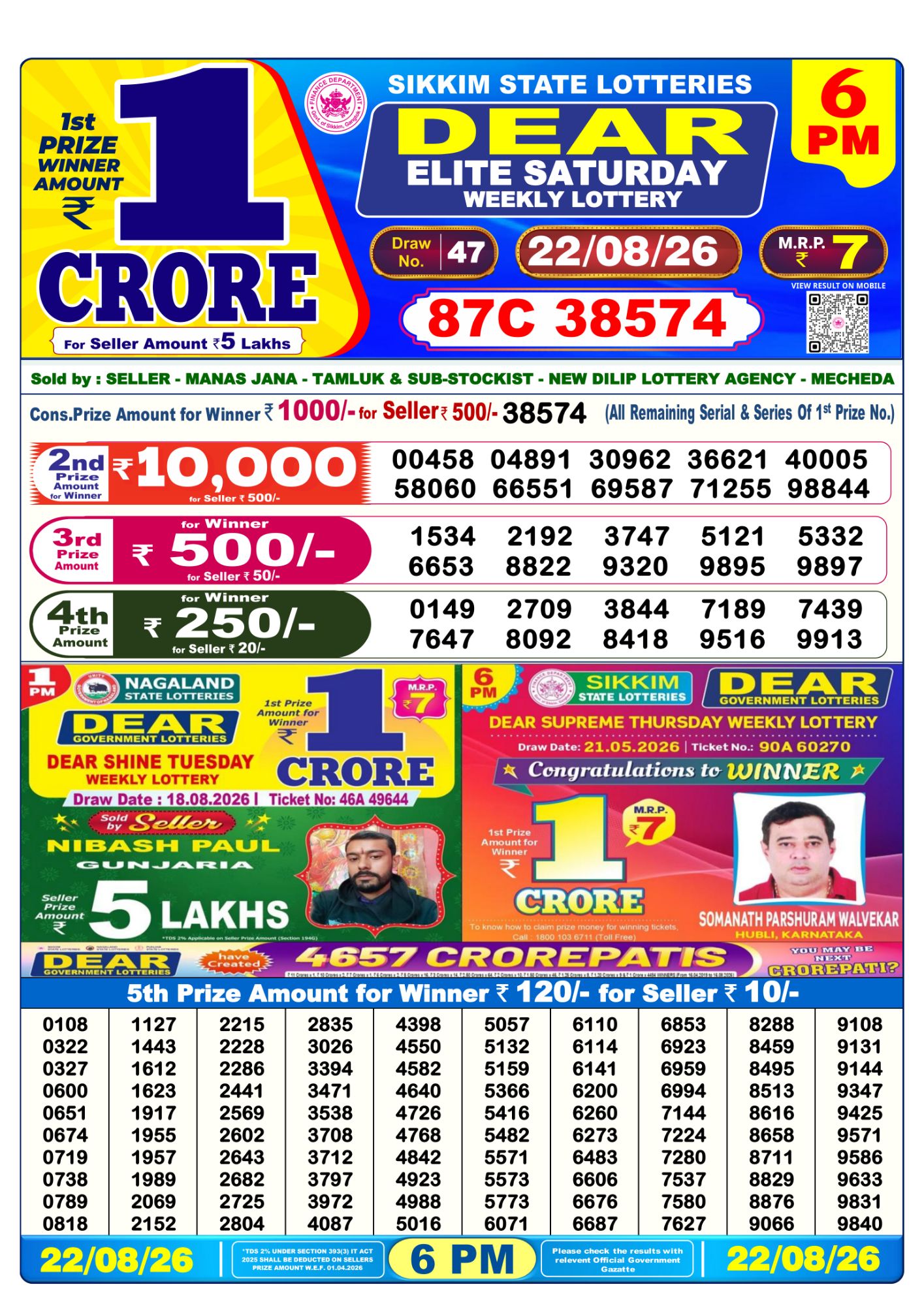 Dear Lottery Sambad Result 6 PM 22 August 2026: Download West Bengal Sambad Result