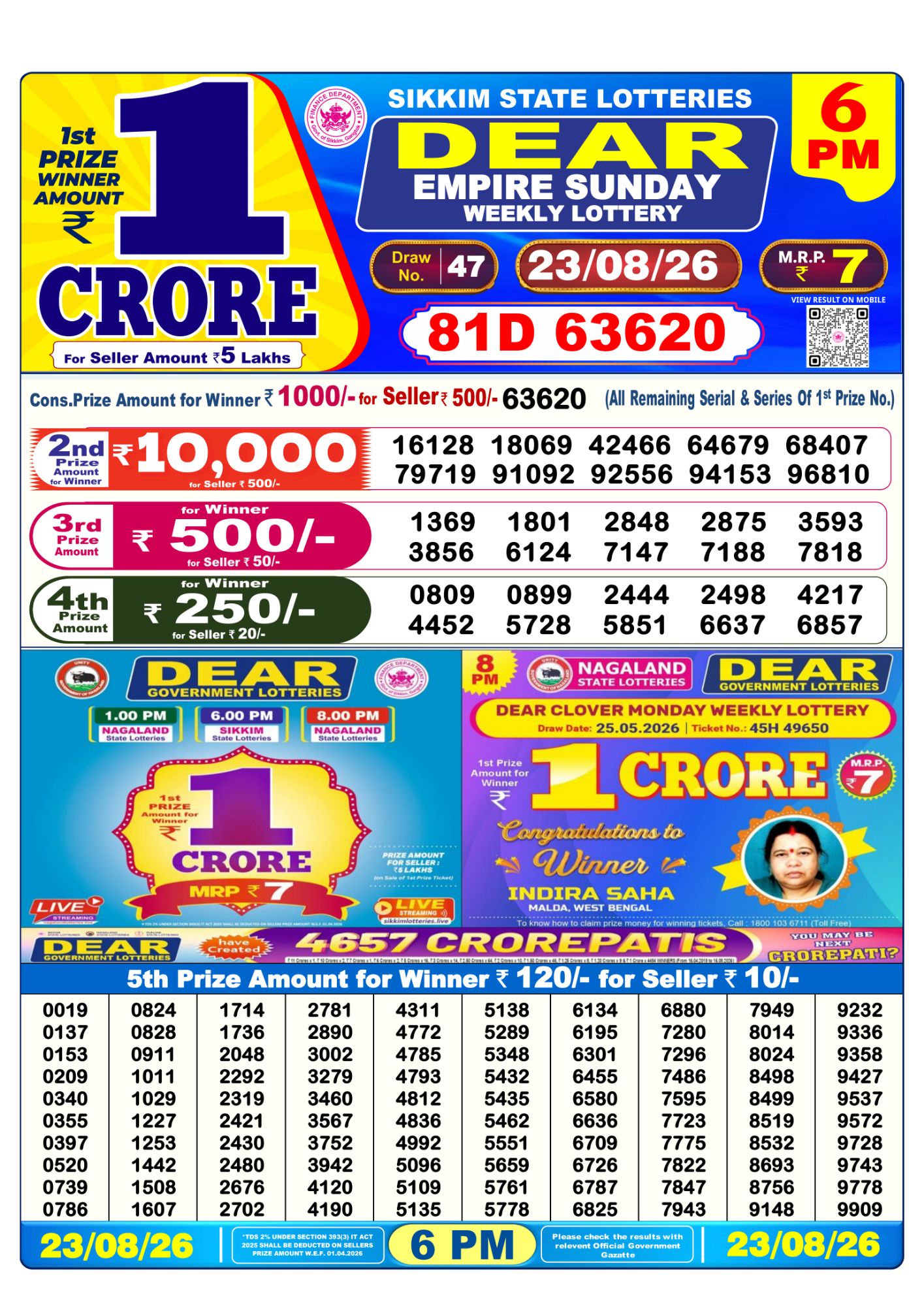 Dear Lottery Sambad Result 6 PM 23 August 2026: Download West Bengal Sambad Result