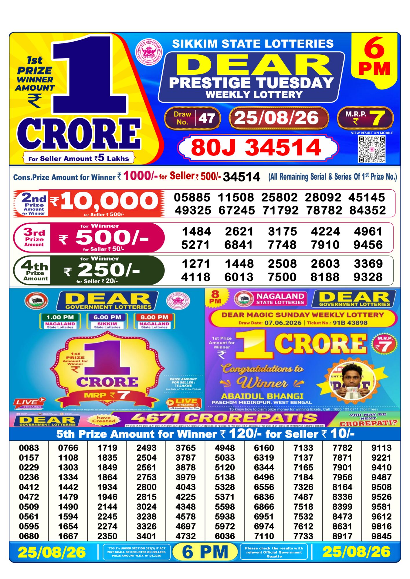 Dear Lottery Sambad Result 6 PM 25 August 2026: Download West Bengal Sambad Result