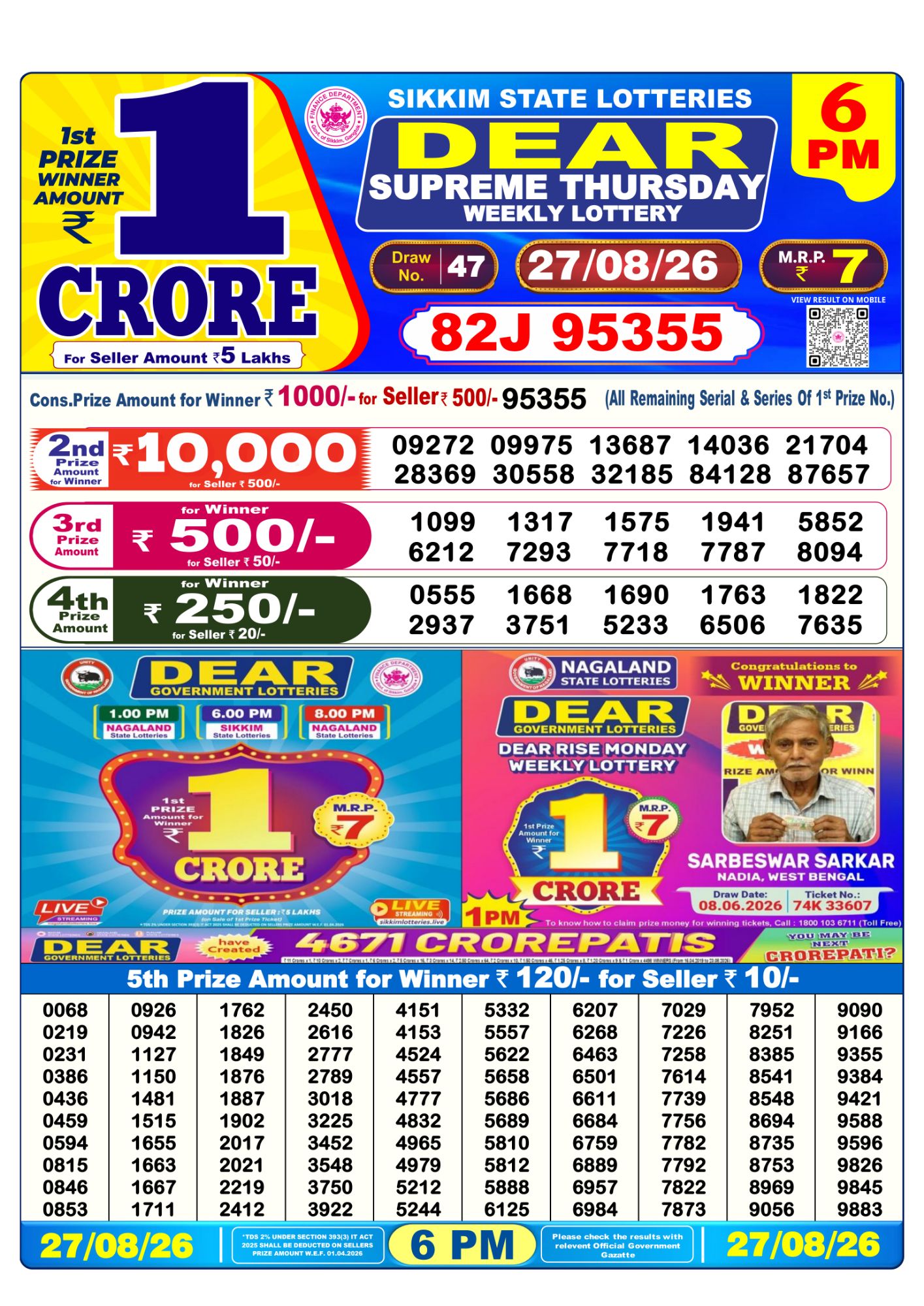 Dear Lottery Sambad Result 6 PM 27 August 2026: Download West Bengal Sambad Result