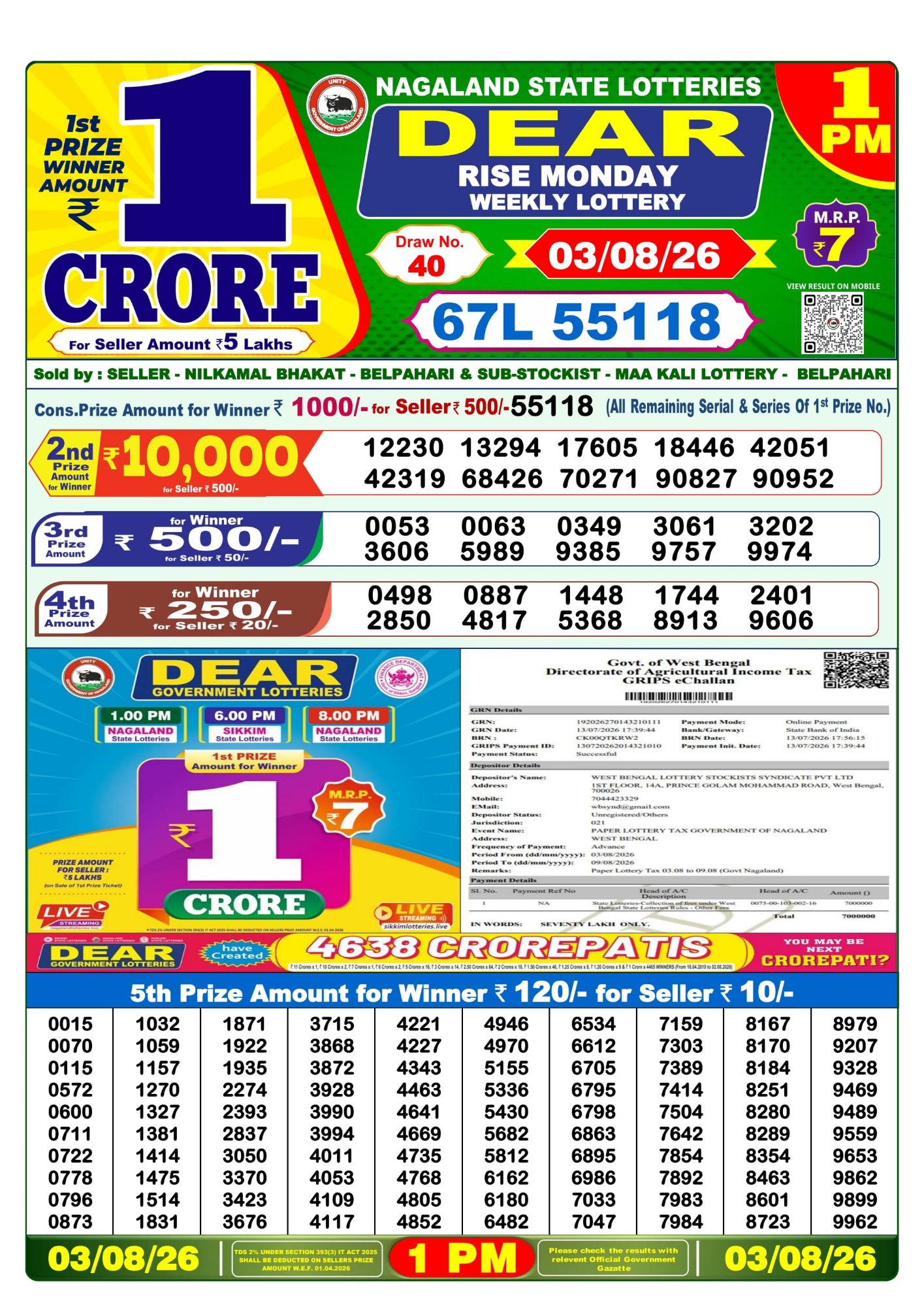 Lottery Sambad 1 PM Result Today 03.08.2026: Check Dear Morning Live Winner List PDF
