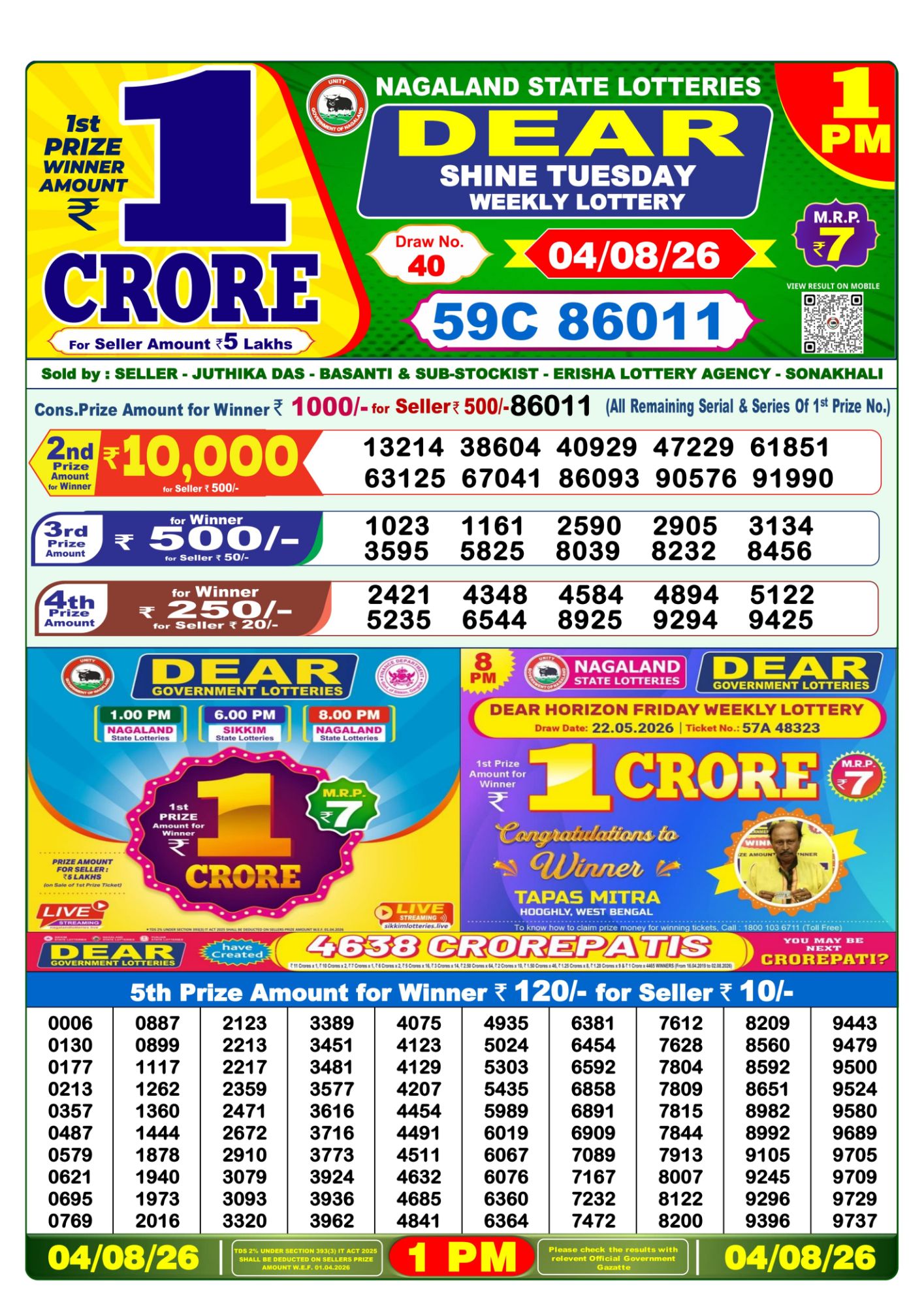 Lottery Sambad 1 PM Result Today 04.08.2026: Check Dear Morning Live Winner List PDF