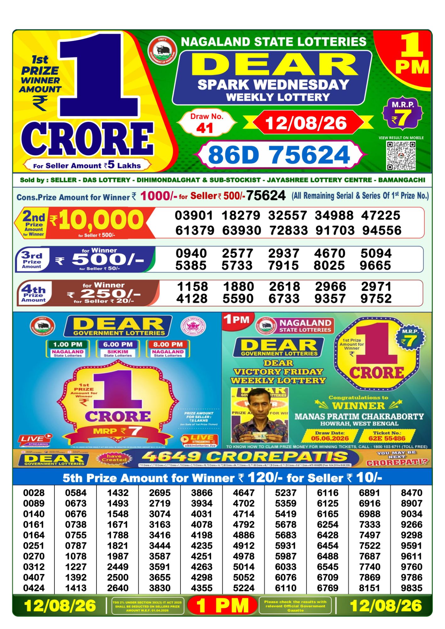 Lottery Sambad 1 PM Result Today 12.08.2026: Check Dear Morning Live Winner List PDF