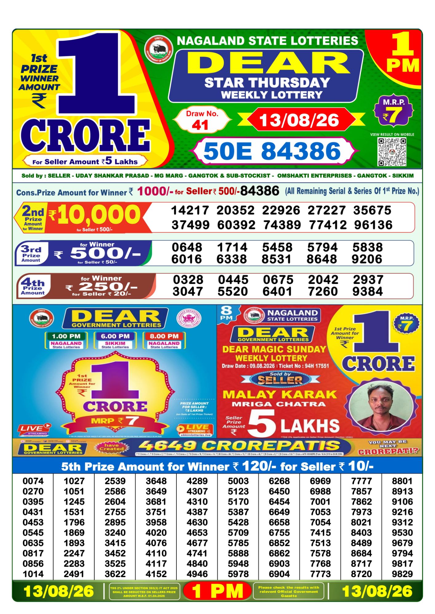 Lottery Sambad 1 PM Result Today 13.08.2026: Check Dear Morning Live Winner List PDF