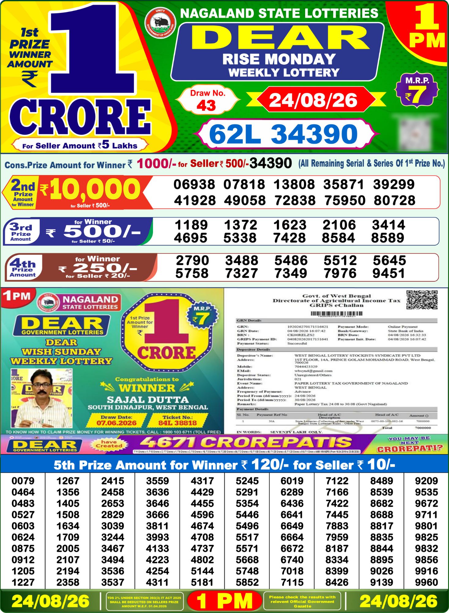 Lottery Sambad 1 PM Result Today 24.08.2026: Check Dear Morning Live Winner List PDF