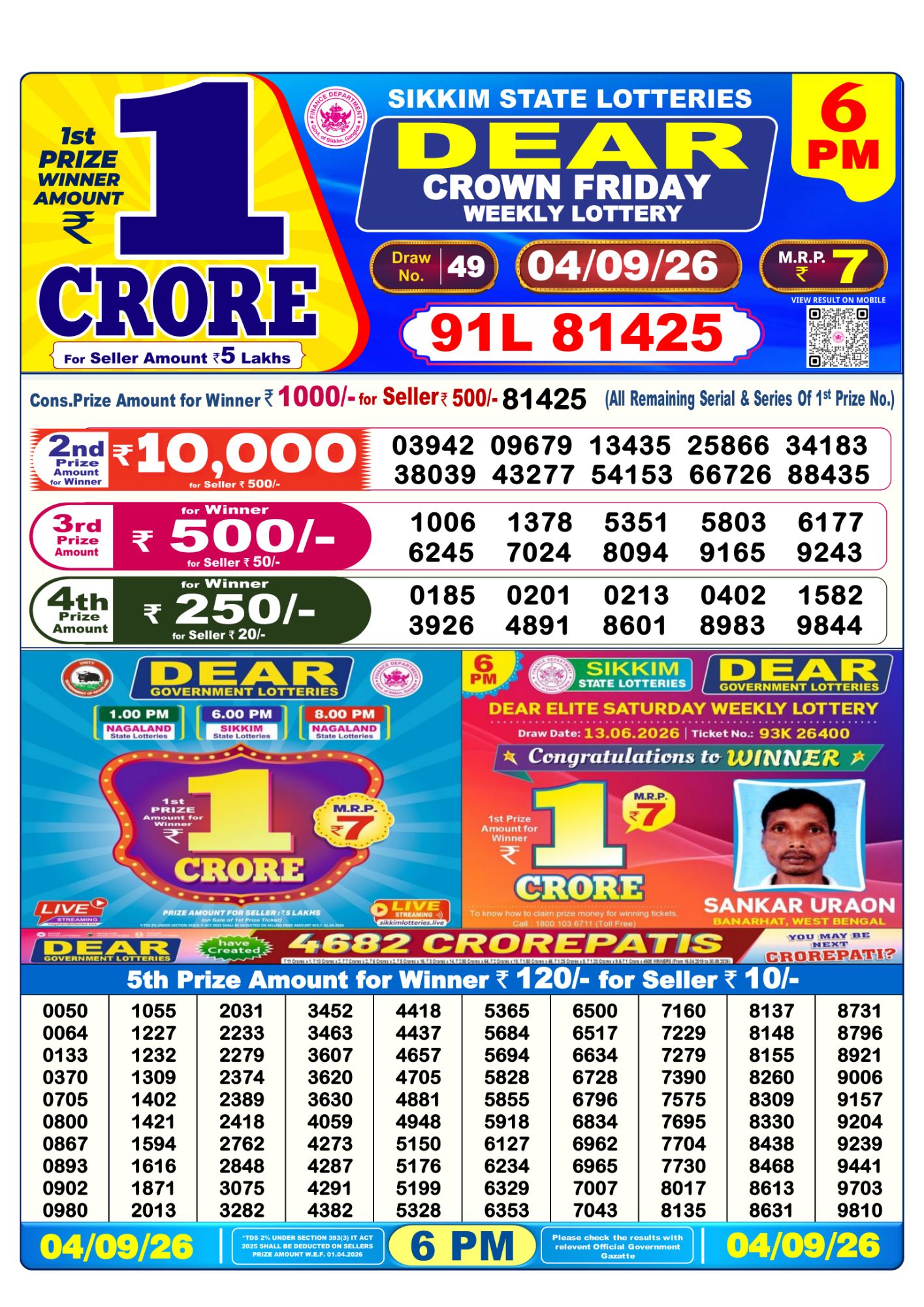 Dear Lottery Sambad Result 6 PM 04 September 2026: Download West Bengal Sambad Result