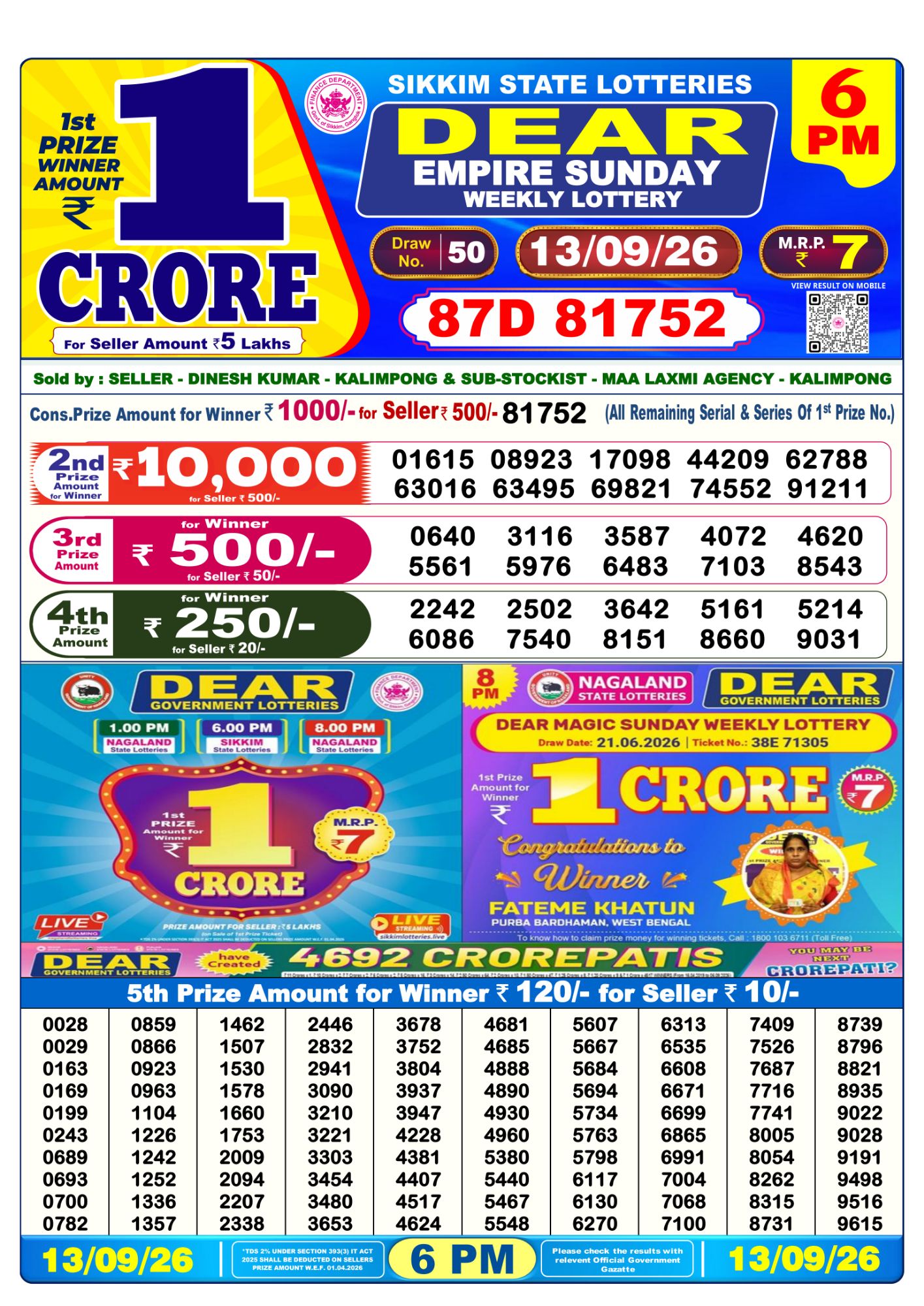 Dear Lottery Sambad Result 6 PM 13 September 2026: Download West Bengal Sambad Result