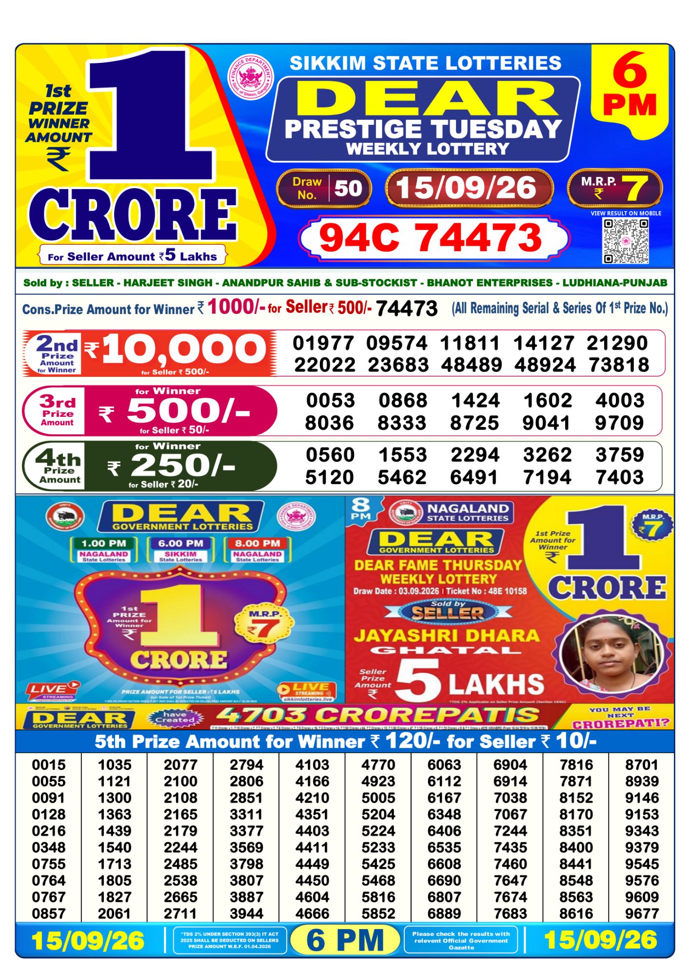 Dear Lottery Sambad Result 6 PM 15 September 2026: Download West Bengal Sambad Result