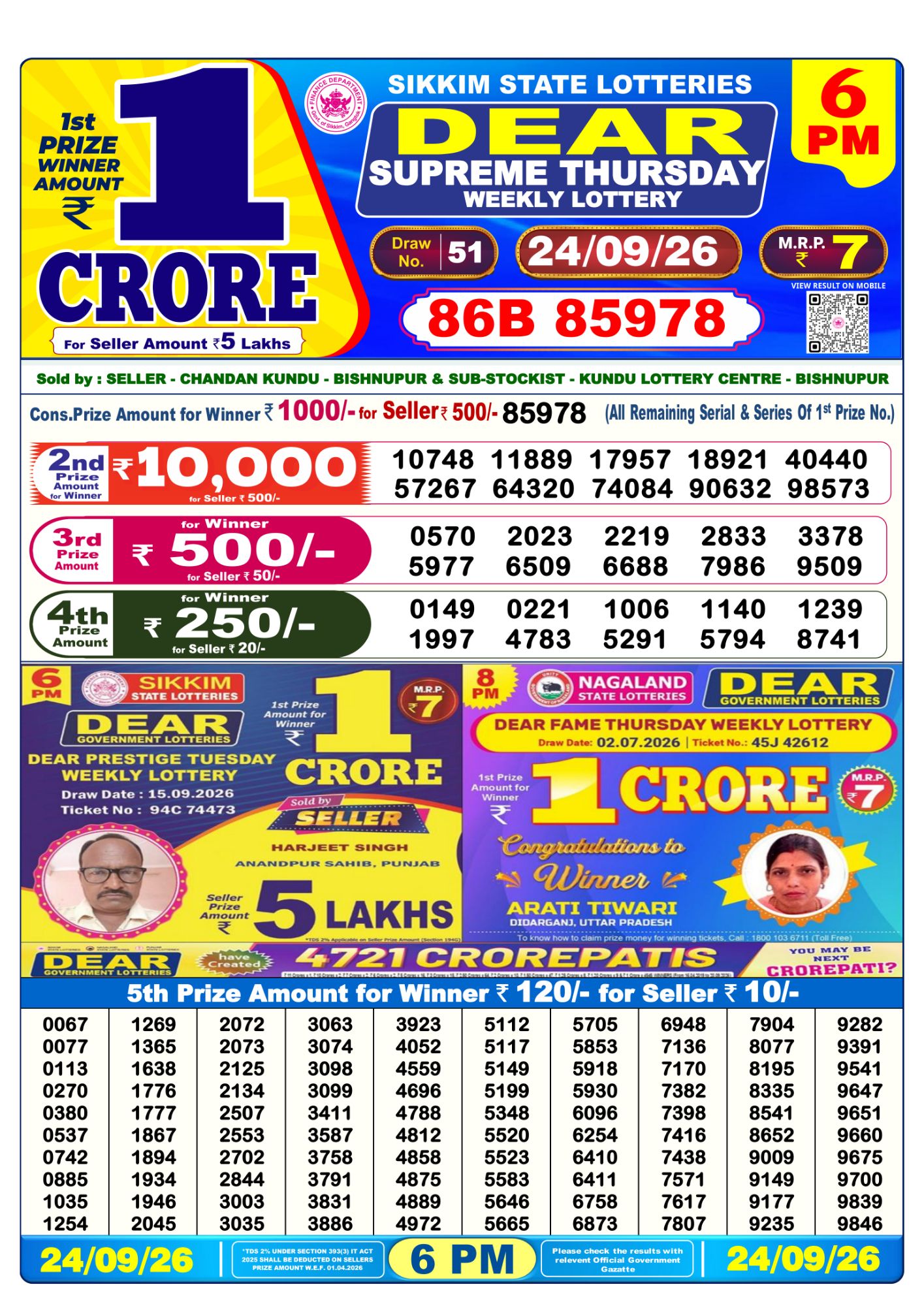 Dear Lottery Sambad Result 6 PM 24 September 2026: Download West Bengal Sambad Result