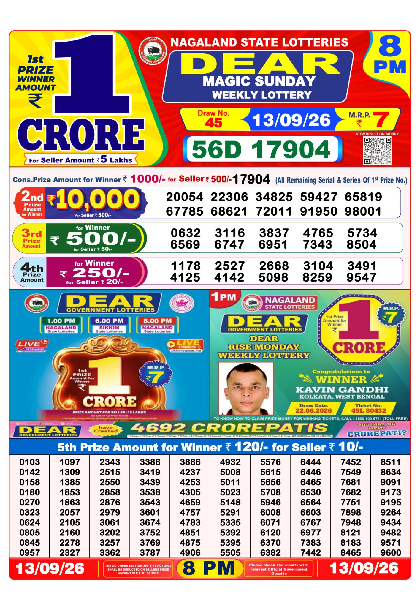 8 PM Lottery Sambad Result Today Live 13.09.26: Check Winning Numbers
