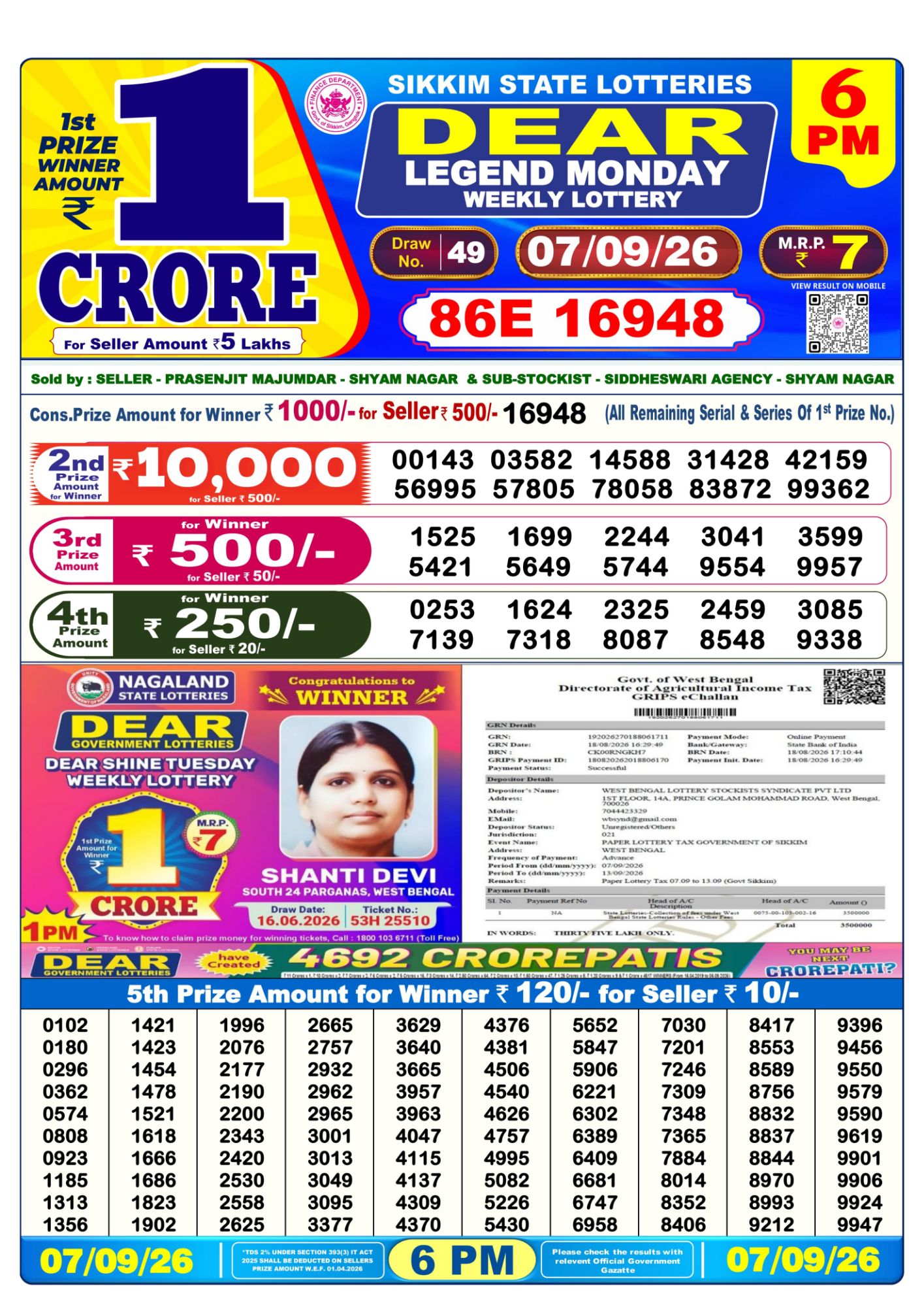 Dear Lottery Sambad Result 6 PM 07 September 2026: Download West Bengal Sambad Result