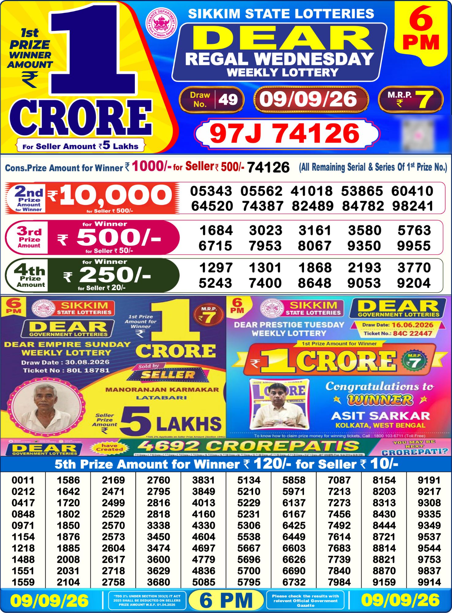 Dear Lottery Sambad Result 6 PM 09 September 2026: Download West Bengal Sambad Result