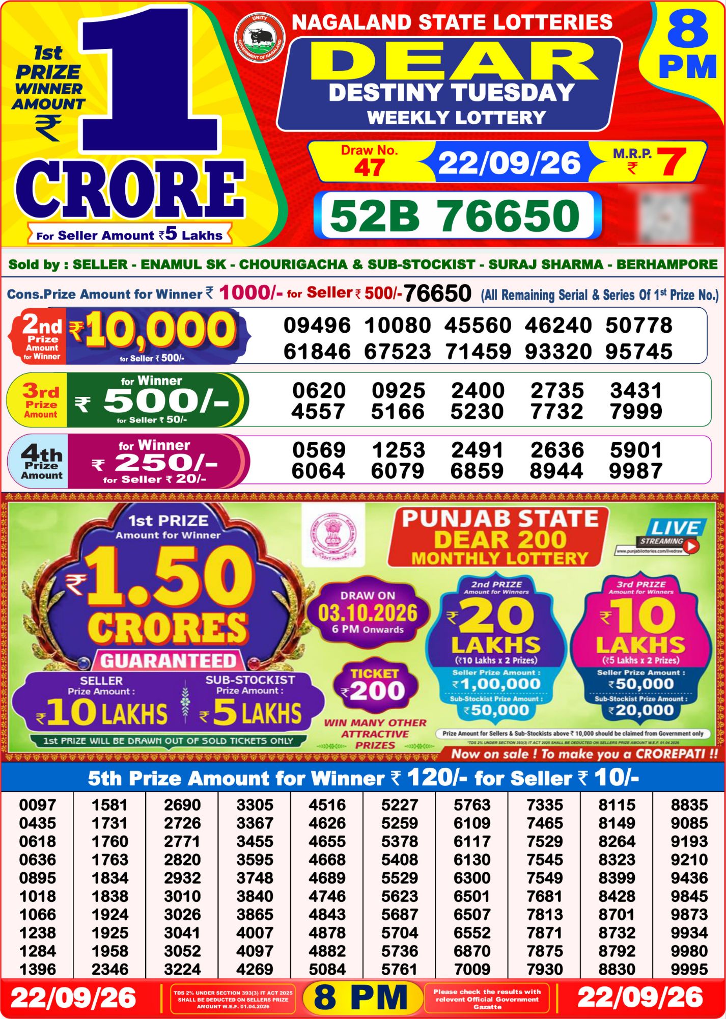 8 PM Lottery Sambad Result Today Live 22.09.26: Check Winning Numbers