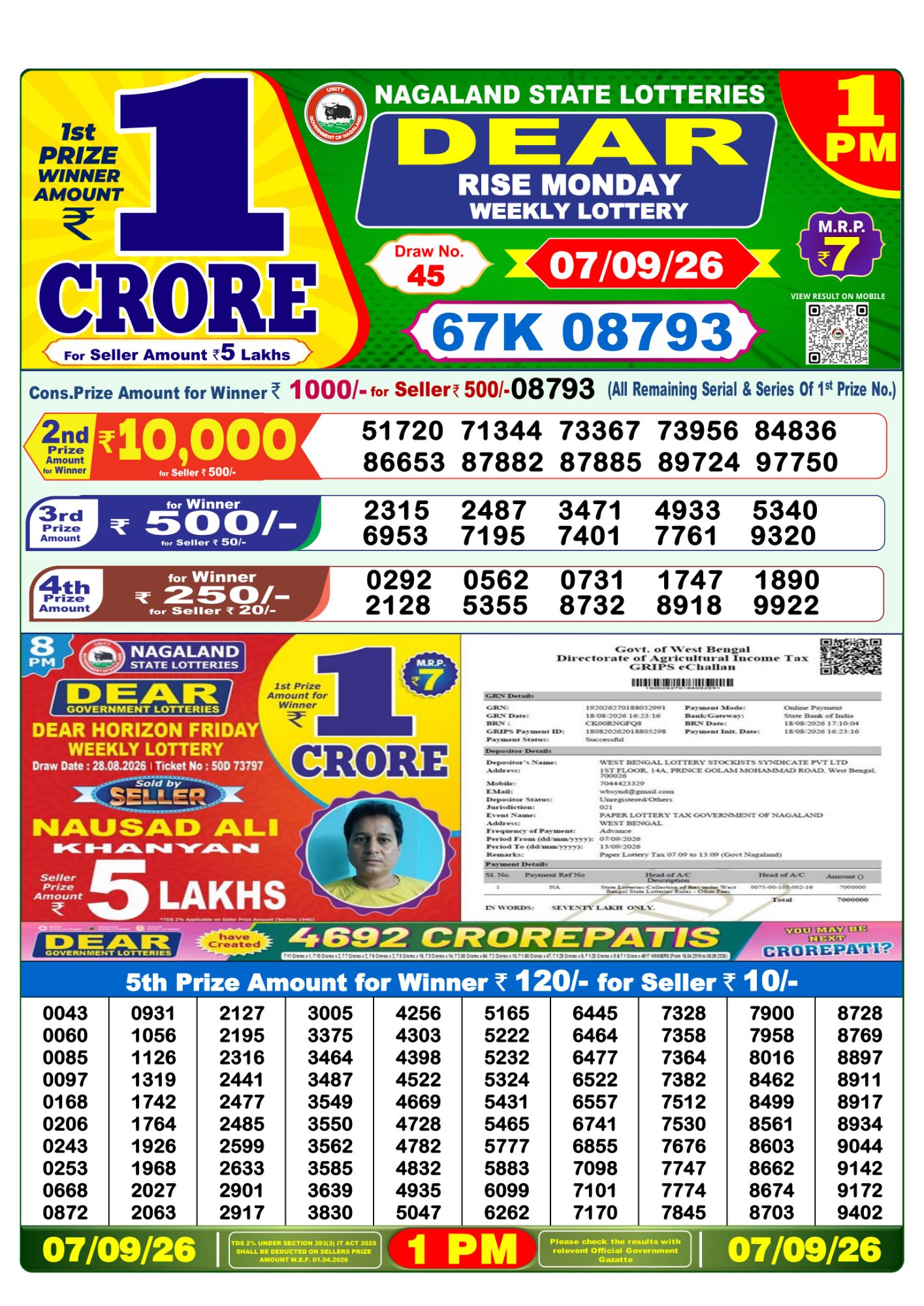 Lottery Sambad 1 PM Result Today 07.09.2026: Check Dear Morning Live Winner List PDF