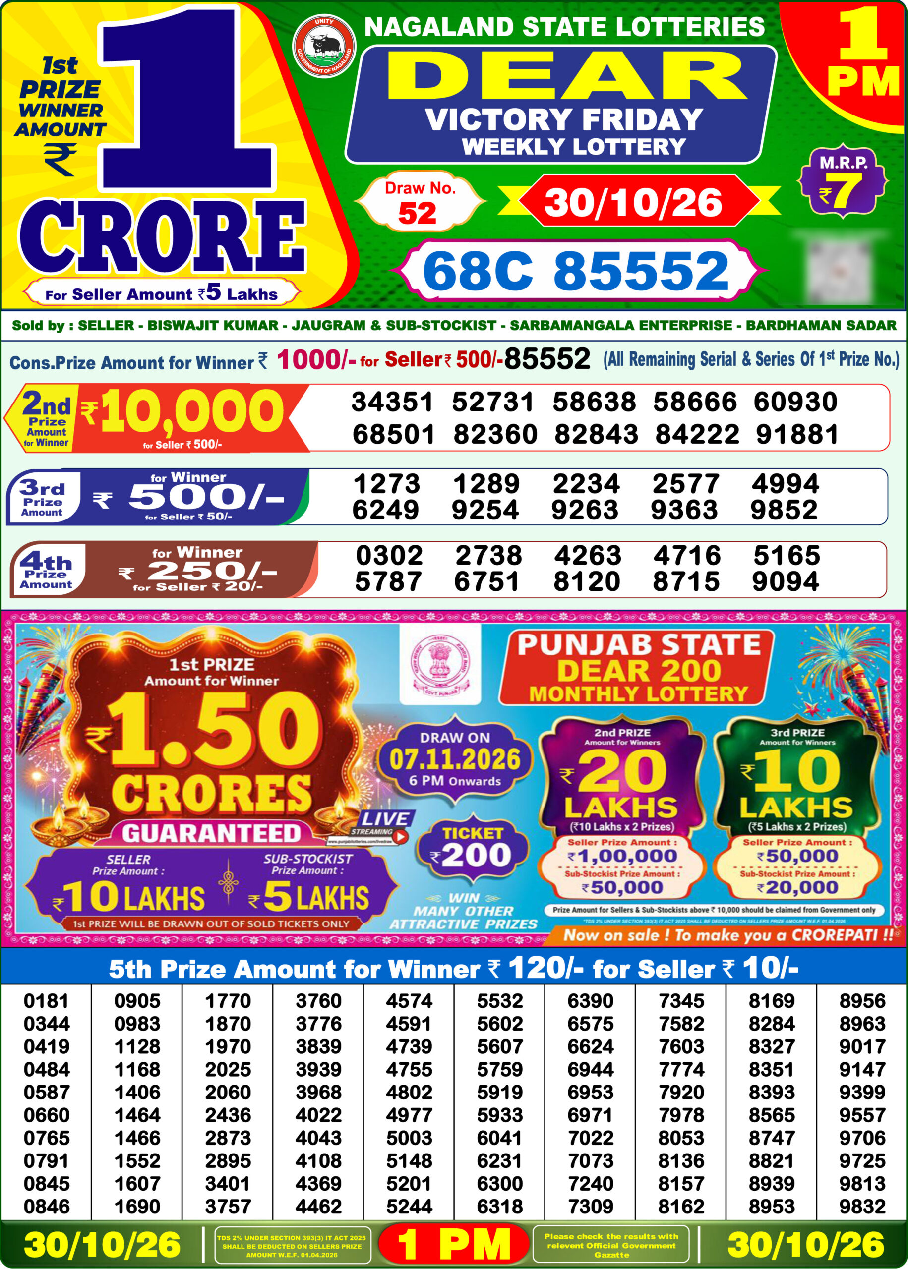 Lottery Sambad 1 PM Result Today 30.10.2026: Check Dear Morning Live Winner List PDF