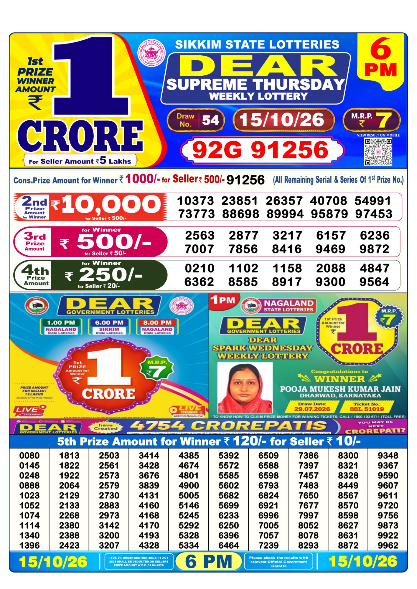 Dear Lottery Sambad Result 6 PM 15 October 2026: Download West Bengal Sambad Result