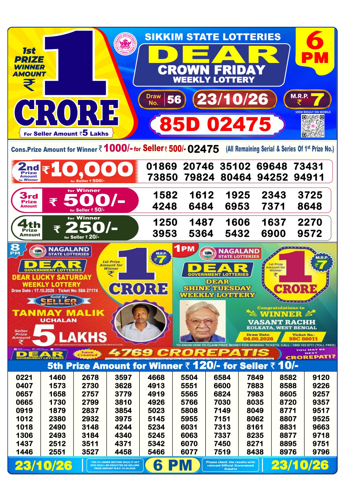 Dear Lottery Sambad Result 6 PM 23 October 2026: Download West Bengal Sambad Result