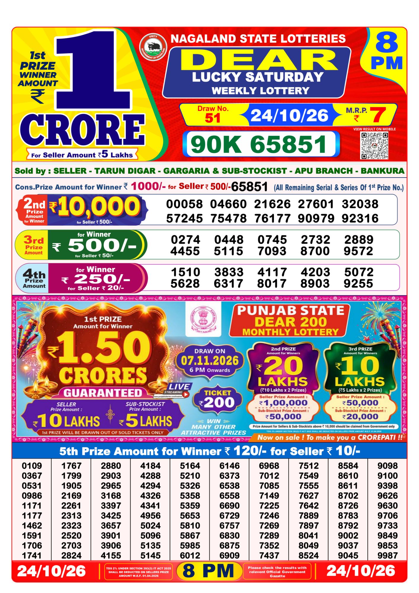 8 PM Lottery Sambad Result Today Live 24.10.26: Check Winning Numbers