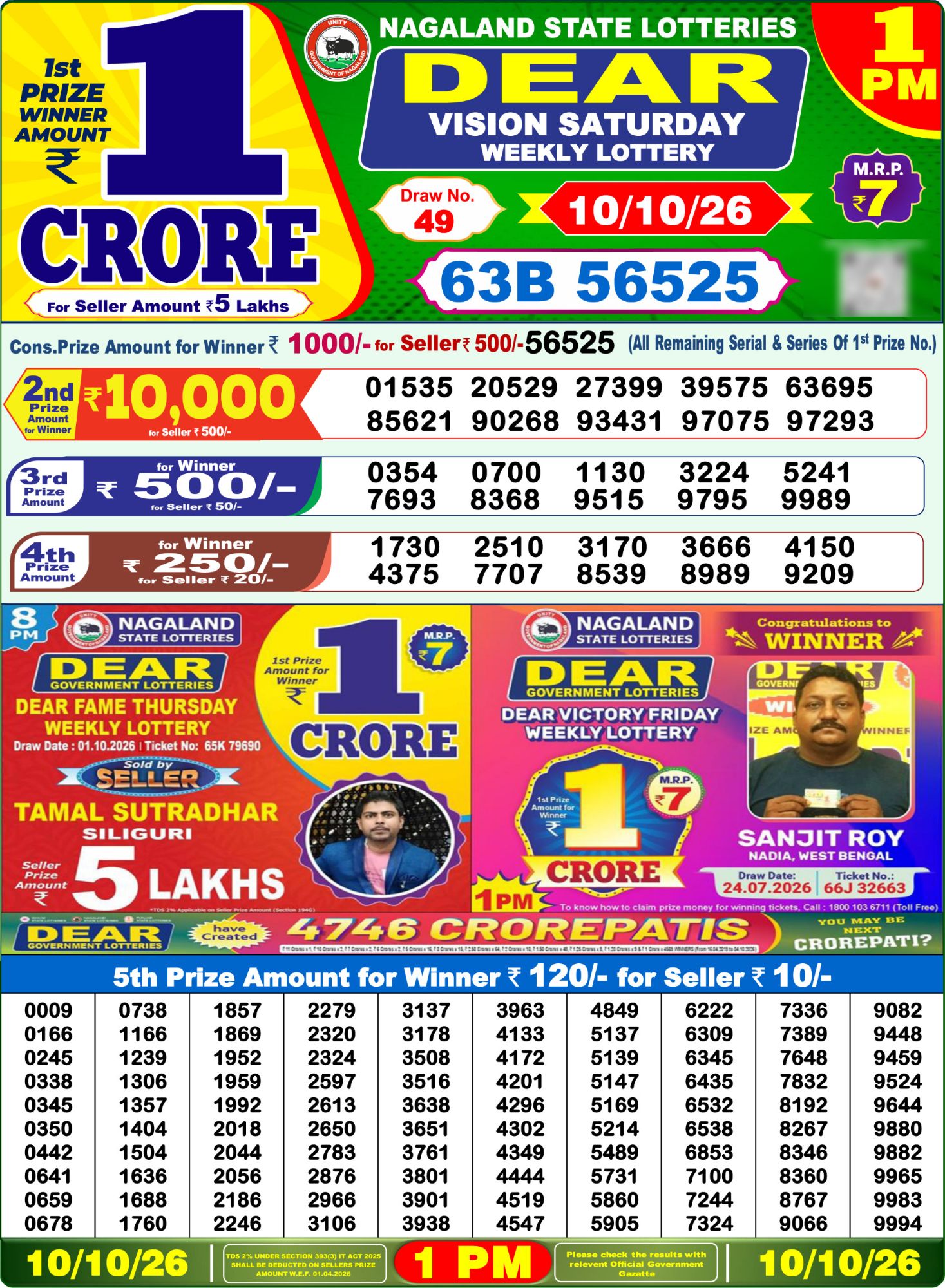 Lottery Sambad 1 PM Result Today 10.10.2026: Check Dear Morning Live Winner List PDF