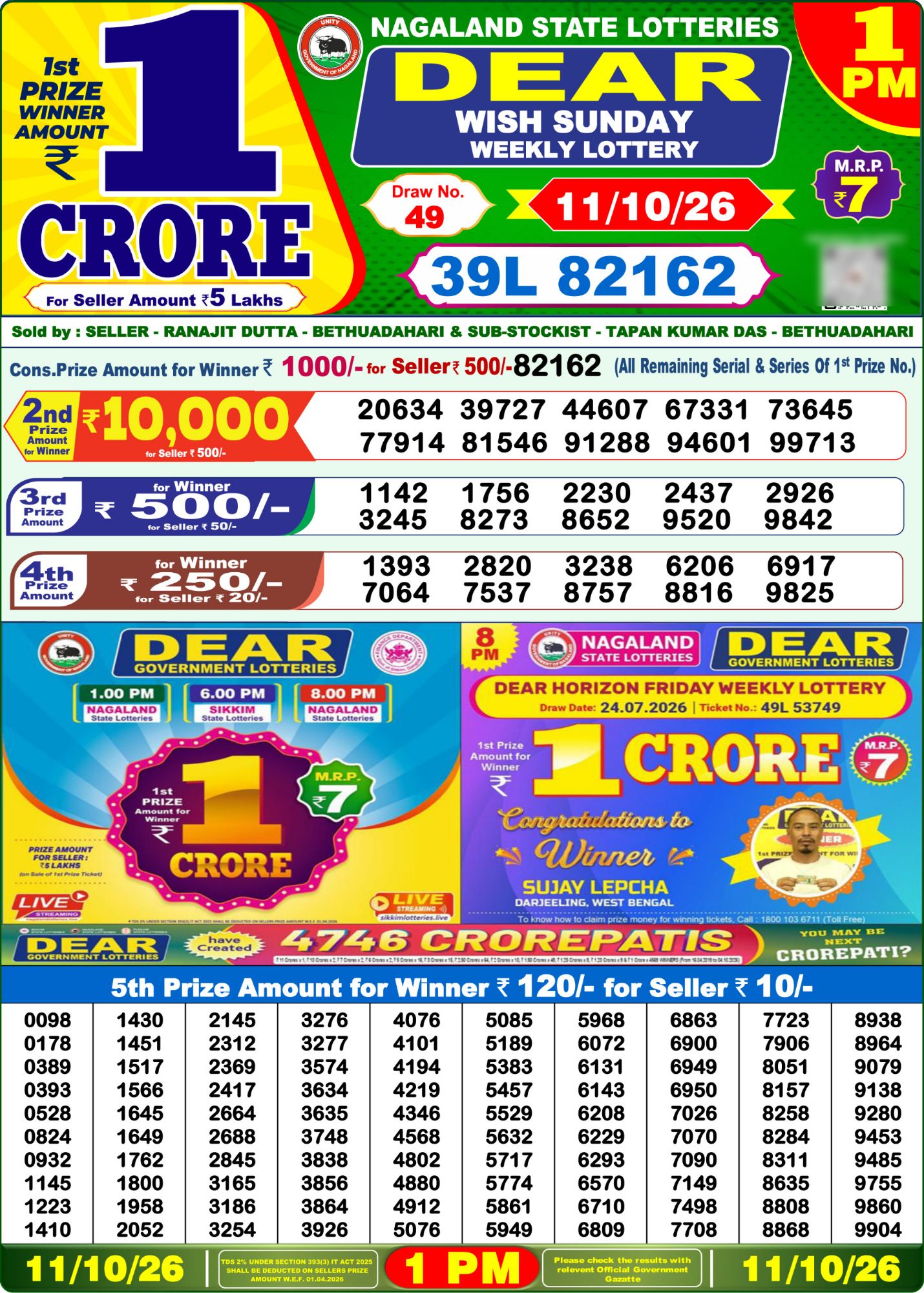 Lottery Sambad 1 PM Result Today 11.10.2026: Check Dear Morning Live Winner List PDF