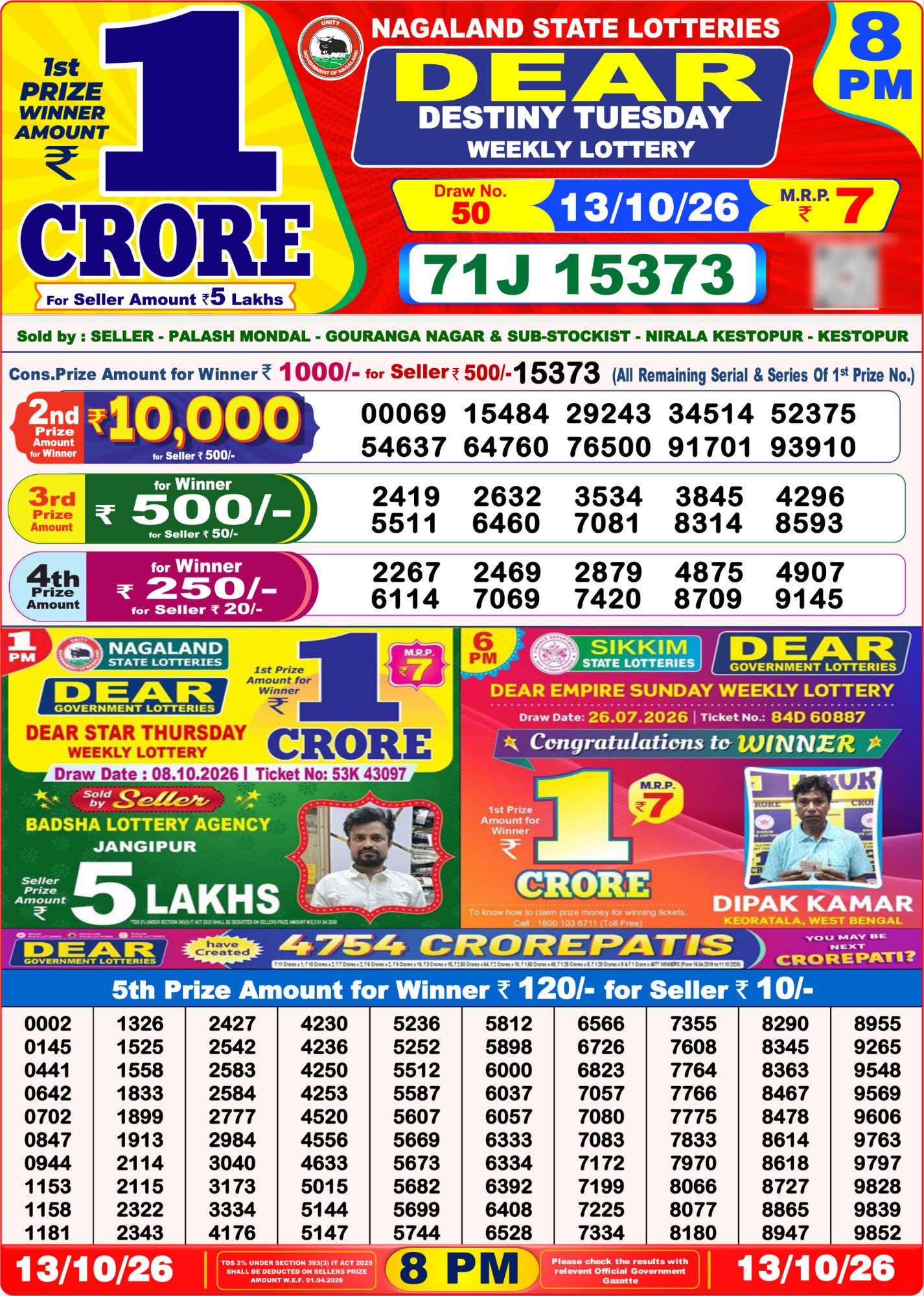 8 PM Lottery Sambad Result Today Live 13.10.26: Check Winning Numbers