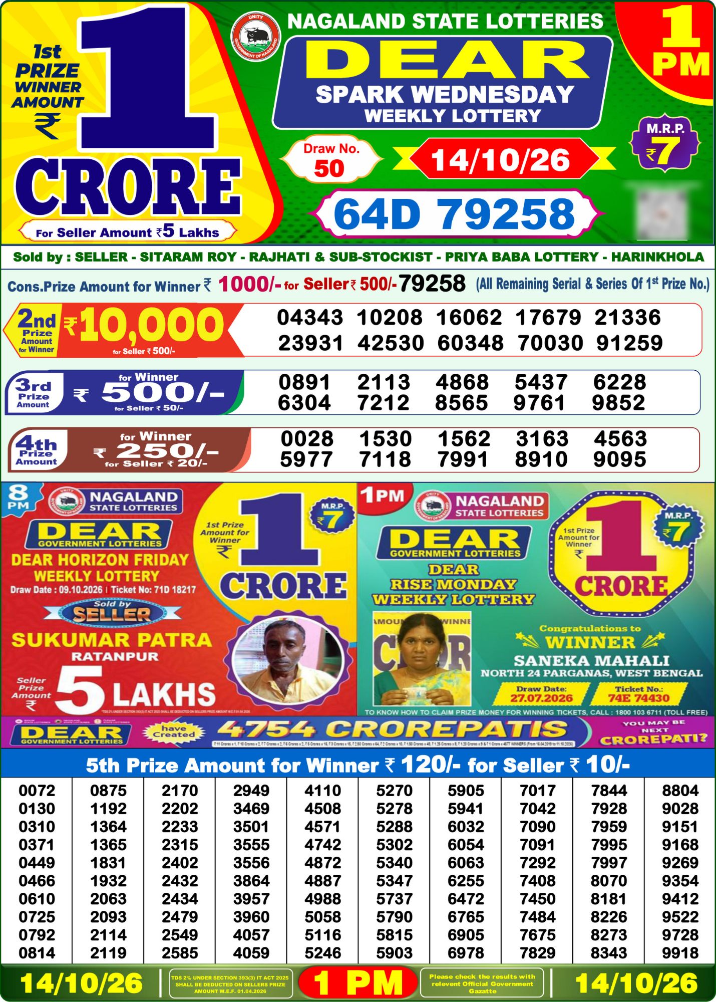 Lottery Sambad 1 PM Result Today 14.10.2026: Check Dear Morning Live Winner List PDF