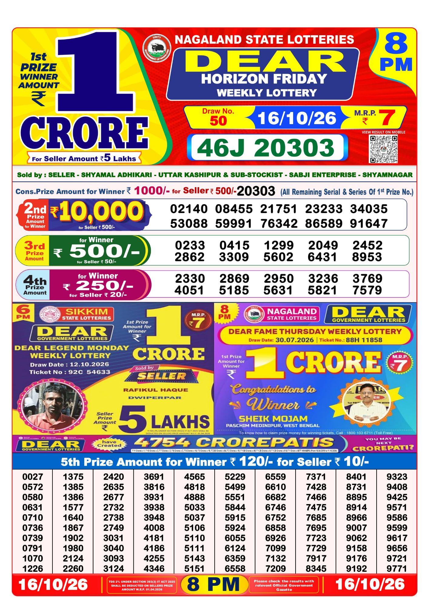 8 PM Lottery Sambad Result Today Live 16.10.26: Check Winning Numbers