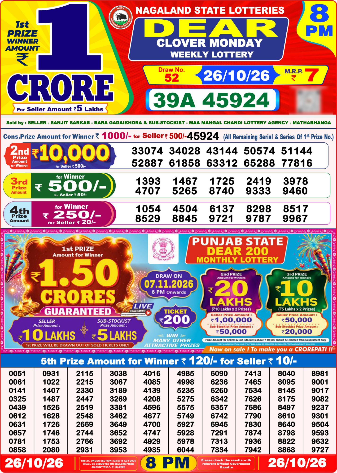 8 PM Lottery Sambad Result Today Live 26.10.26: Check Winning Numbers