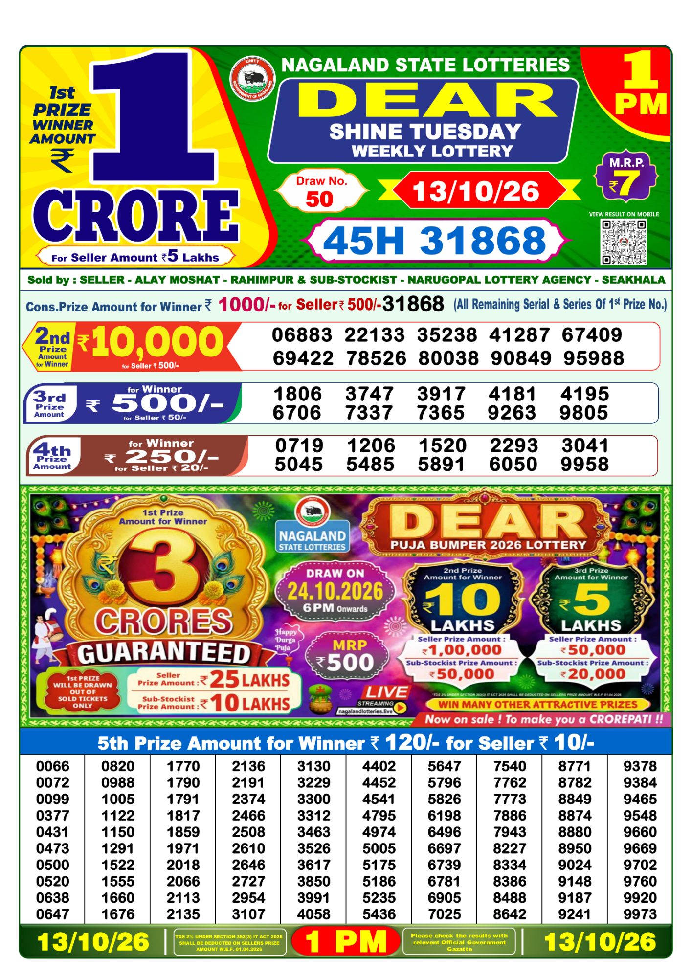 Lottery Sambad 1 PM Result Today 13.10.2026: Check Dear Morning Live Winner List PDF